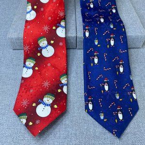 Pair John Ashford Christmas Snowman & Penguin  100% Silk Necktie Men’s Tie